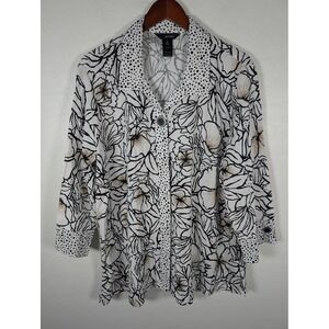 Ali Miles Blouse Women's XL White Black Floral Polka Dot Tunic Top 3/4 Sleeve